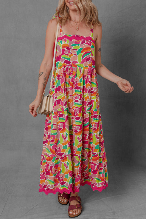 Floral Tie Strap Ricrac Trim A Line Flowing Maxi Dress